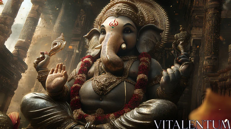 Majestic Ganesha idol glows inside ornate stone temple hall.