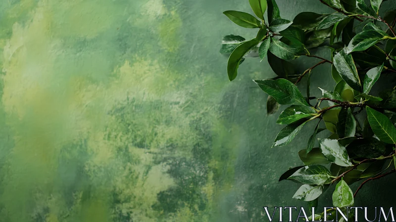 Lush bay leaves lean into a misty watercolor green wall.