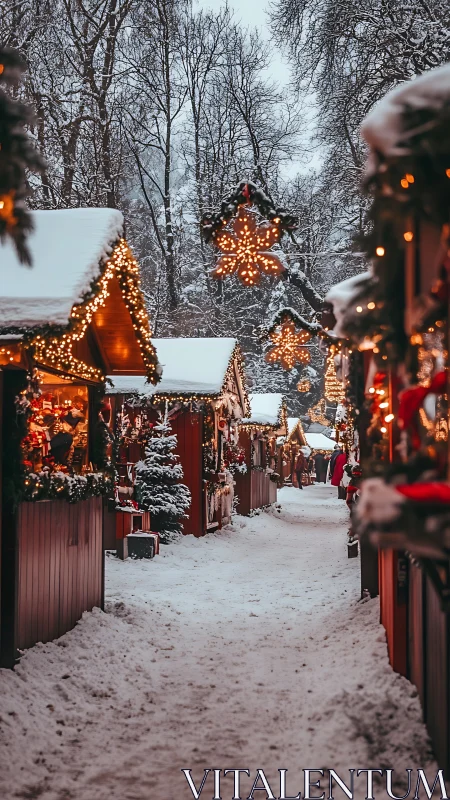 Snowy Christmas market glows with warm festive lights.