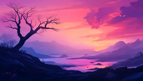 Twilight river hums beneath a solitary tree’s painted vigil