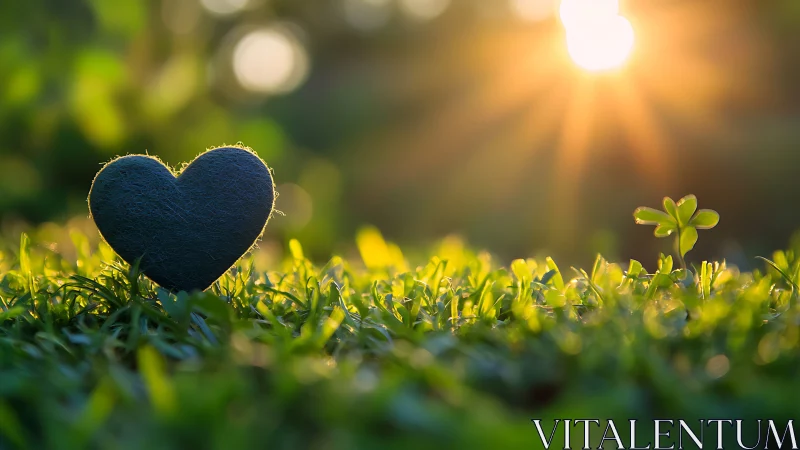 Heart silhouette on grass under warm sunrise light.