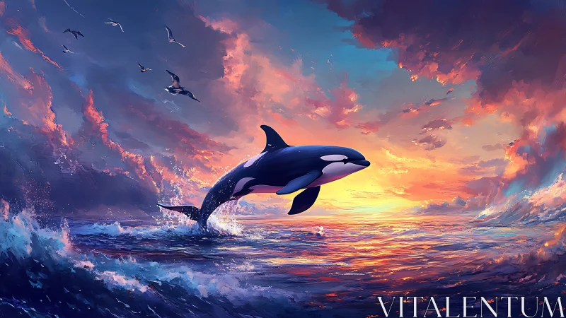 Orca breaching across open ocean under sunset sky.