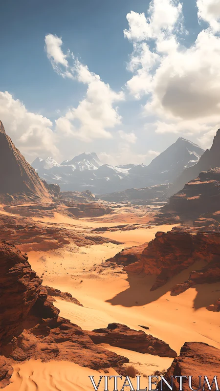 Vast red desert valley under bright midday sky.