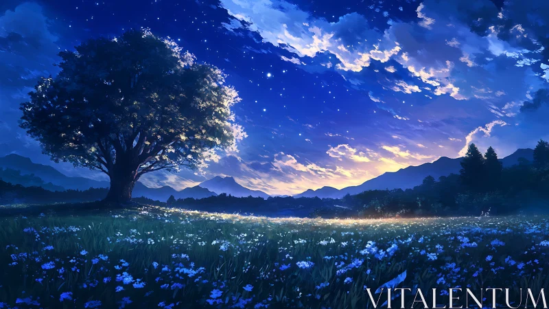 Starlit meadow under solitary tree at luminous dusk.
