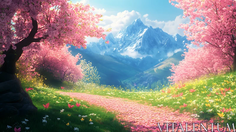 Blossom-lined mountain path glowing with gentle spring magic.