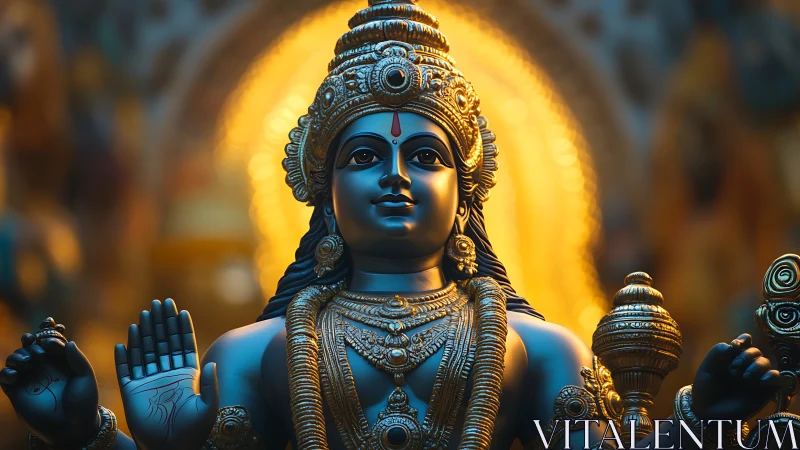 Radiant blue deity bathed in warm golden temple light.
