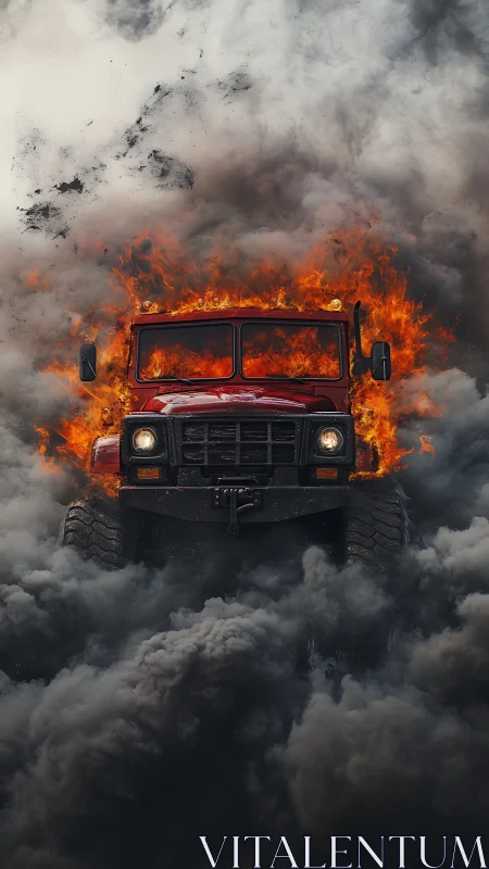Red off-road truck front burns amid dense black smoke