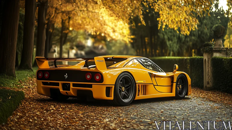 Yellow supercar dominates autumn tree-lined cobblestone lane.