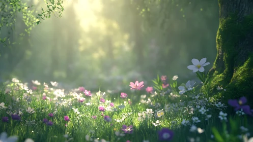 Soft volumetric light filters through dense forest wildflower meadow