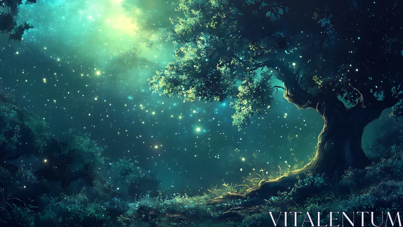 Starlit forest tree glows softly under a dreamy night sky