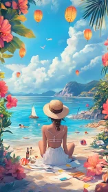 Sunlit shoreline reverie with lantern-filled tropical sky.