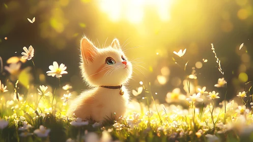 Sunlit kitten daydreams in a halo of glowing meadow blooms.