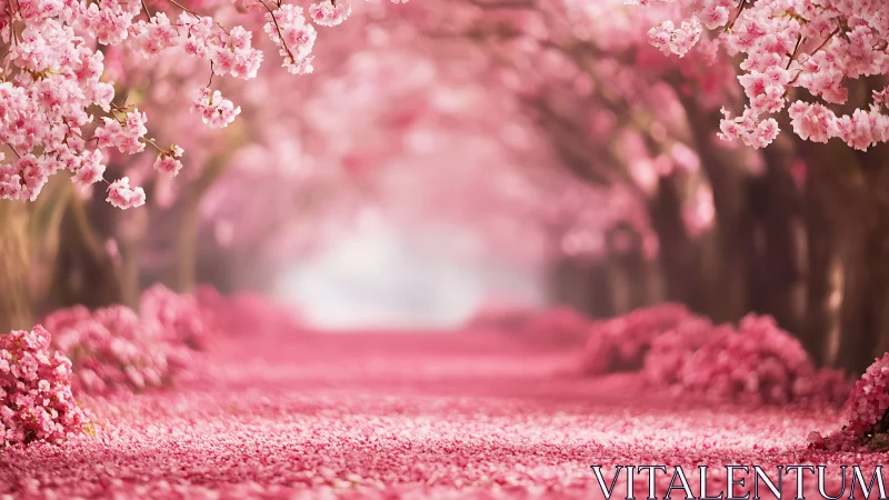 Cherry Blossom Path Through Pink Forest Tunnel.