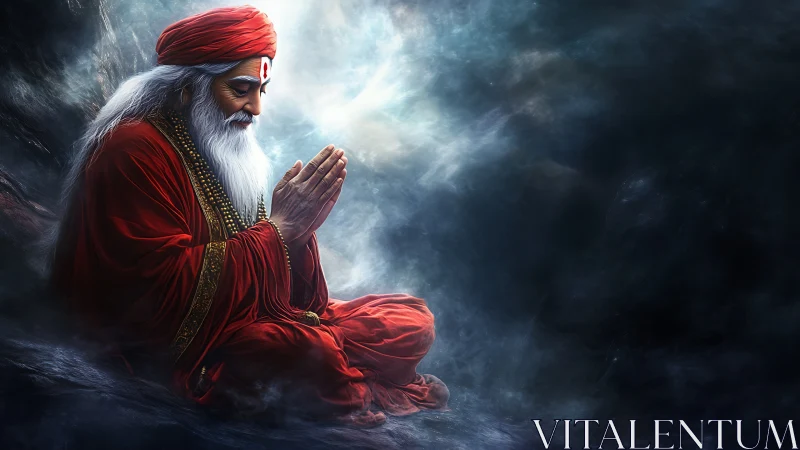 Crimson mystic in clouded silence, praying between worlds.