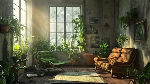 Sunlit jungle lounge cradling vintage chairs and wild vines.