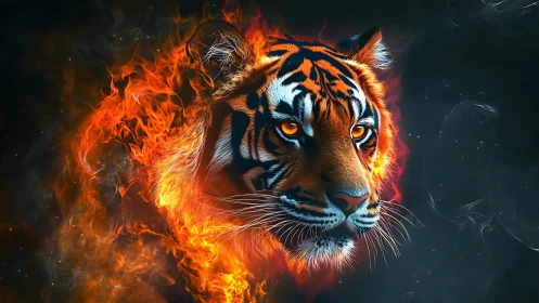 Digital painting of blazing tiger portrait with infernal aura.