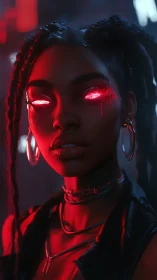 Cyberpunk woman with glowing red cybernetic eyes portrait.