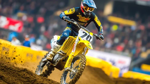 Roaring dirt bike rider carves a fast line through the track