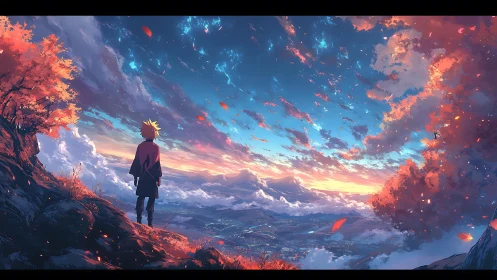 Solitary wanderer gazes over a glowing valley sky
