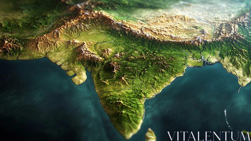 Vivid 3D view of the Indian subcontinent&rsquo;s lush landscapes.