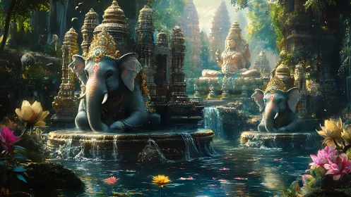 Sacred elephant guardians amid luminous temple waterfalls.
