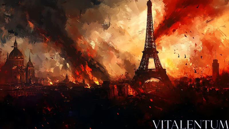 Eiffel Tower stands amid burning city and heavy smoke