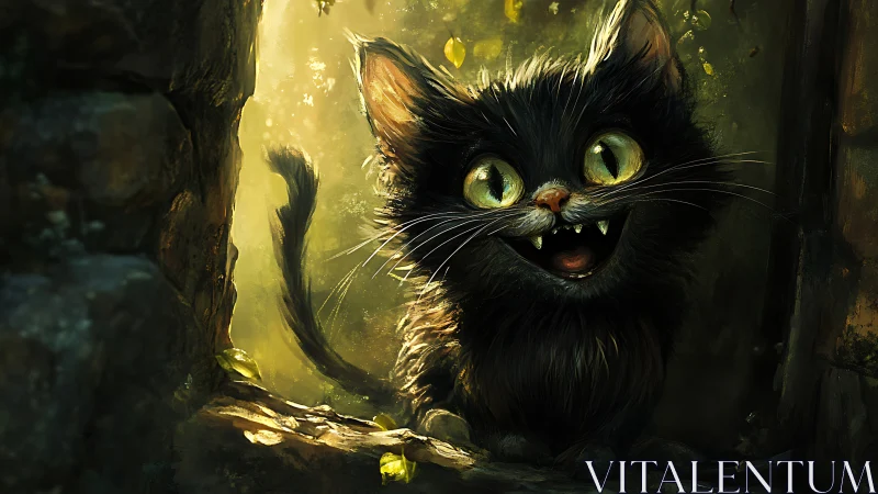 Black kitten with wide eyes in glowing forest light.