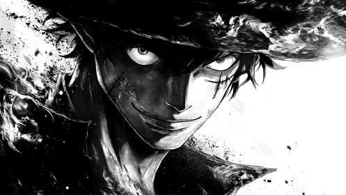 Monochrome close-up of grinning anime figure in hat.