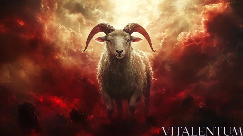 Ram silhouette emerges through apocalyptic crimson storm.