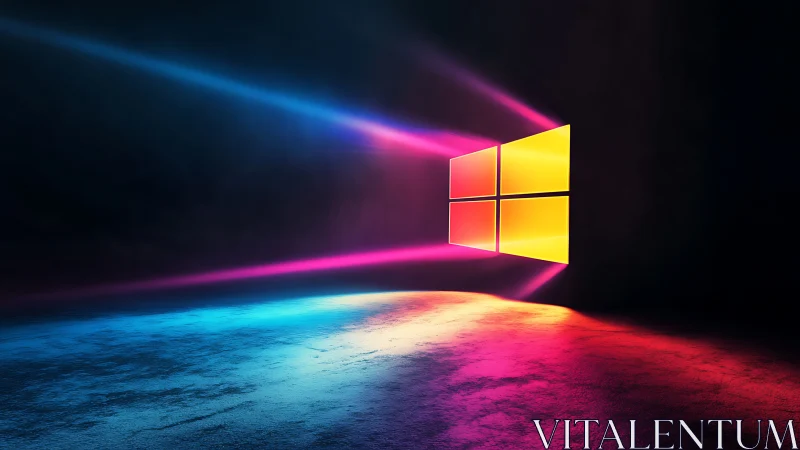 Neon window icon glowing in dark volumetric light field.