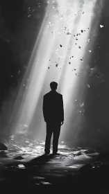 Silhouetted man under harsh light in dark abstract space.