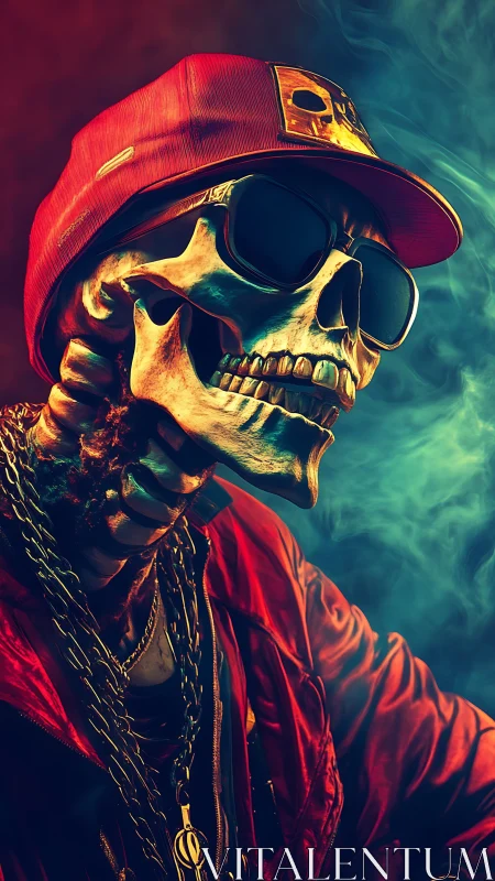 Skull in red streetwear jacket with cap and chains.
