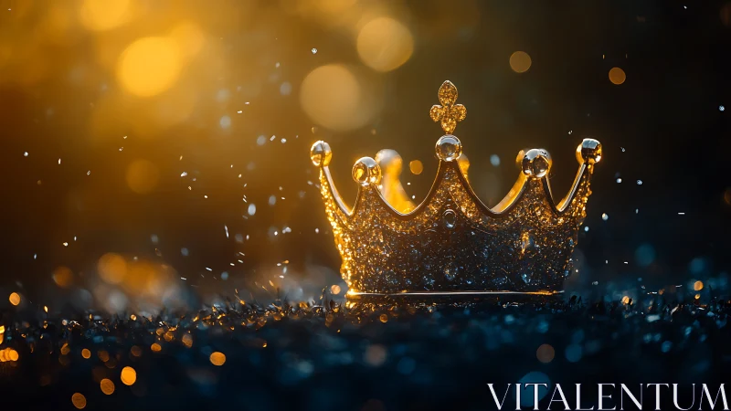 Jeweled golden crown rests glowing amid bokeh sparks