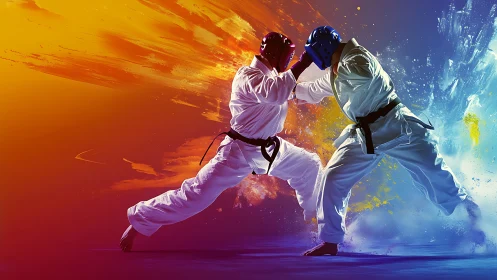 Karate fighters clash amid explosive color gradients.