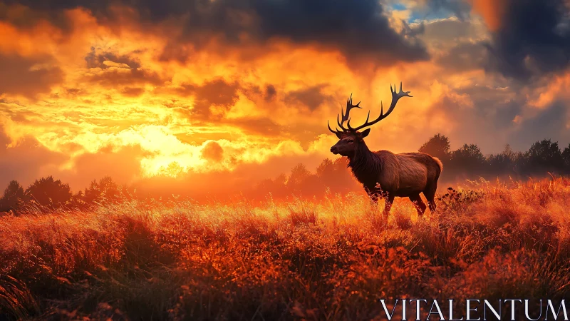 Majestic stag stands in backlit grassland under incendiary sky