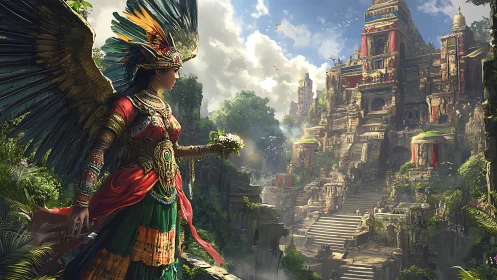 Winged jungle priestess surveys sunlit temple citadel.