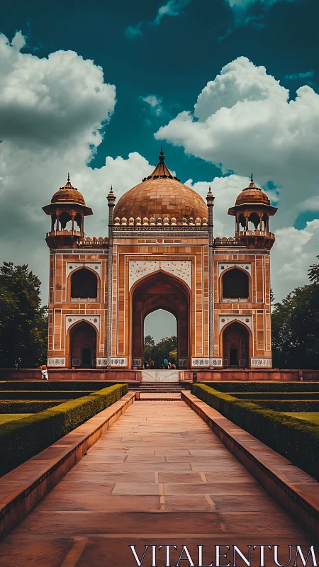 Golden domed gateway glowing beneath a deep blue sky.