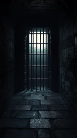 Dark stone prison corridor ends with wet barred gate