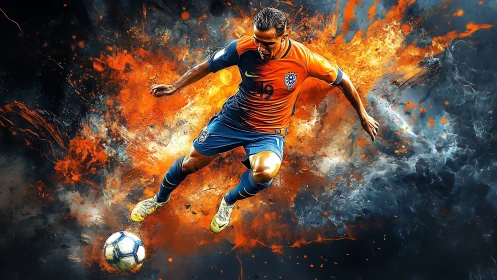 Explosive soccer forward drives ball through blazing colors.