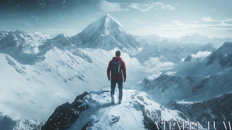 Lone mountaineer surveys vast snowy peaks in icy silence.