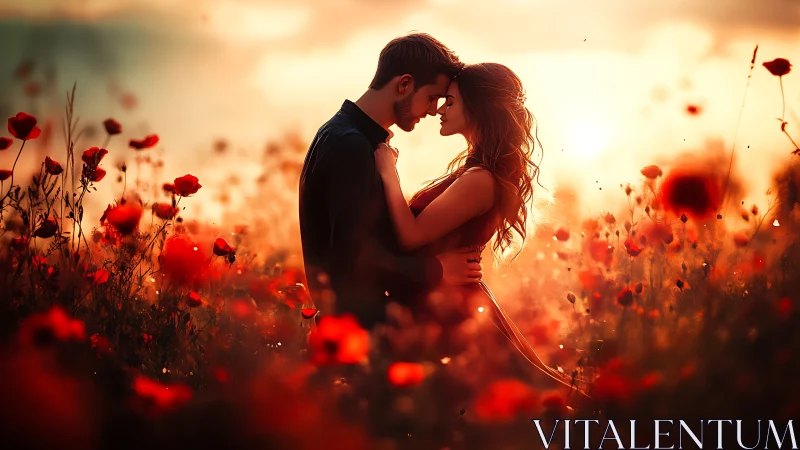Romantic Embrace in a Glowing Poppy Field.