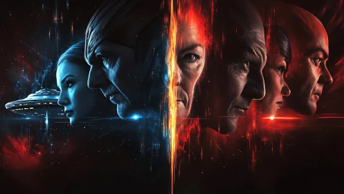 Dual-color sci-fi portrait lineup with starship divide.