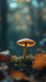Luminous forest mushroom under cinematic autumn bokeh glow.