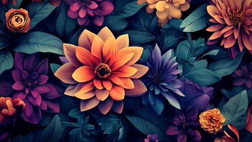 Luminous Digital Dahlias in Deep Teal and Coral