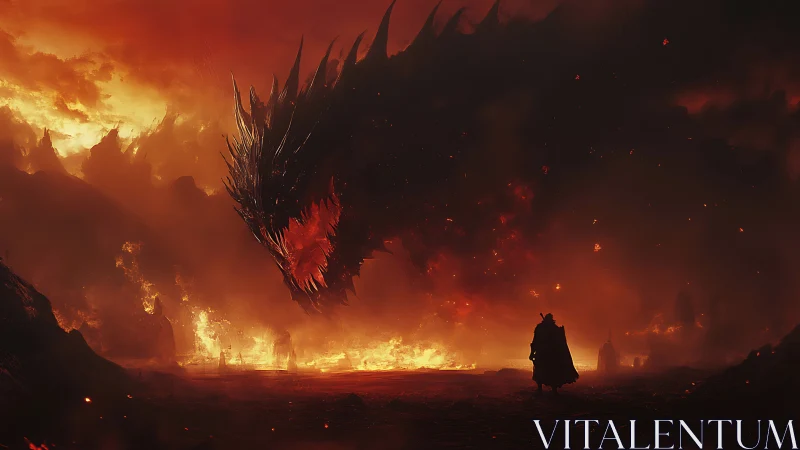Infernal titan dragon confronts lone warrior in flames.