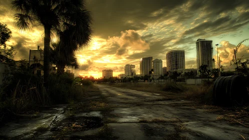Sunset glow over a forgotten road and distant city towers.