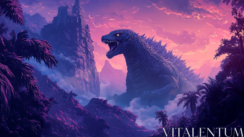 Neon dusk kaiju in misted jungle valley, digital panorama.