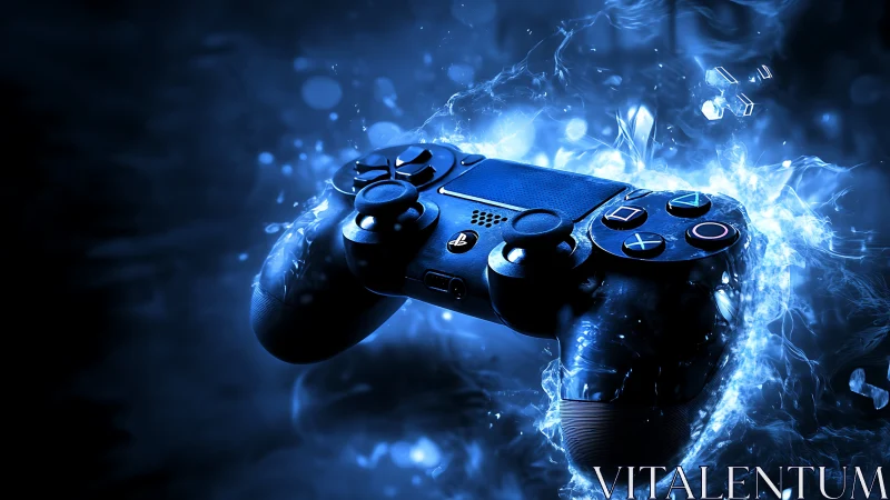 Blue glowing game controller in dynamic digital splash.
