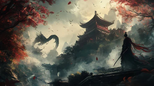 Samurai confronts mountain temple dragon in autumn mist.