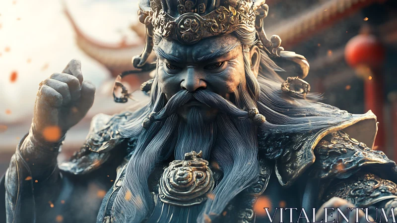 Regal warrior guardian stands strong in ornate bronze armor